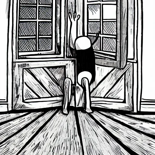 Prompt: photography, cartoon, monster, window, wood floor