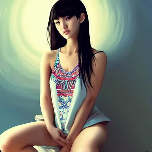 Prompt: a beautiful young japanese natalie portman alluring gravure model, wearing elegant designer tank top, elegant tank top with mesoamerican patterns, by wlop and ilya kuvshinov and artgerm and, aesthetic, gorgeous, stunning, alluring, attractive, artstation, deviantart, pinterest, digital art