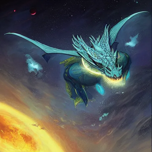 Image similar to Blue scaled dragon devouring an earth like planet while flying in space, European four-legged dragon, sun system, nebula, oil painting, by Fernanda Suarez and Edgar Maxence and Greg Rutkowski