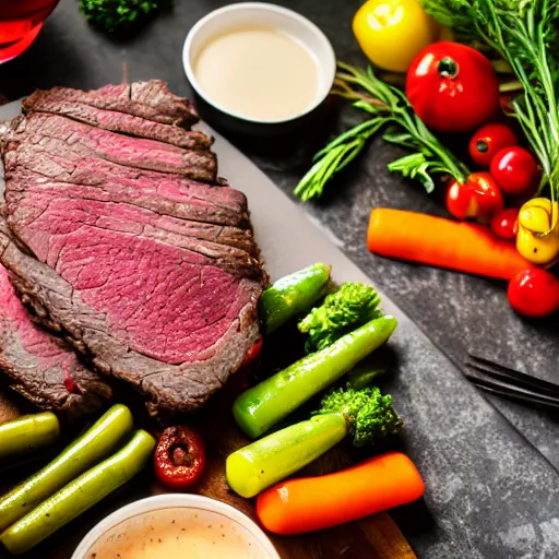Image similar to perfect beautiful wine beef roast served in michelin star restaurant, juicy sauce, platter of saute vegetables, bokeh, beautiful arrangement, captured on canon eos r 6
