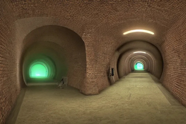 Prompt: a sewer tunnel architecture with gym equipment, a water channel in the center, underground, the walls are made of coarse brown bricks, sections interlace with brick arcs , brass pipes on the walls, a slight green glow emanates from the water, warm lighting, soft shadows, stylized PBR materials, Artstation