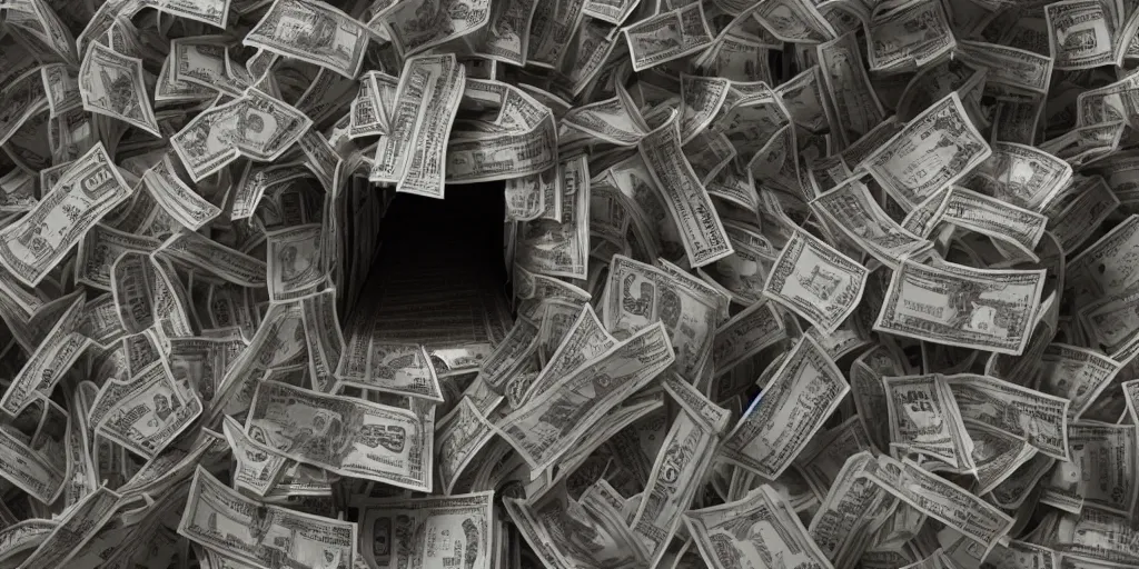 Image similar to a film still of cash money piling up in a vault, shallow depth of field, cinematic, award winning cgi, vfx, film still cfg _ scale : 1 5. 0