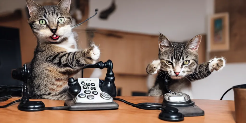 Image similar to photo of a cat laughing wide and hilariously into an old rotary phone that it is holding with its paw to its face. interior home office, at computer deist and keyboard and monitor, tec - supportt, it help, frustration, spilling coffee everywhere