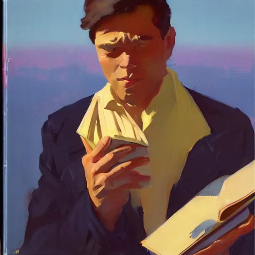 Image similar to greg manchess mid century album cover featuring a man with a notebook, medium shot, asymmetrical, profile picture, organic painting, sunny day, soft colors, matte painting, bold shapes, hard edges, street art, trending on artstation, by huang guangjian and gil elvgren and sachin teng