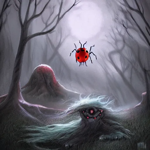 Prompt: ladybug as a monster, fantasy art style, scary atmosphere, nightmare - like dream by winkelmann