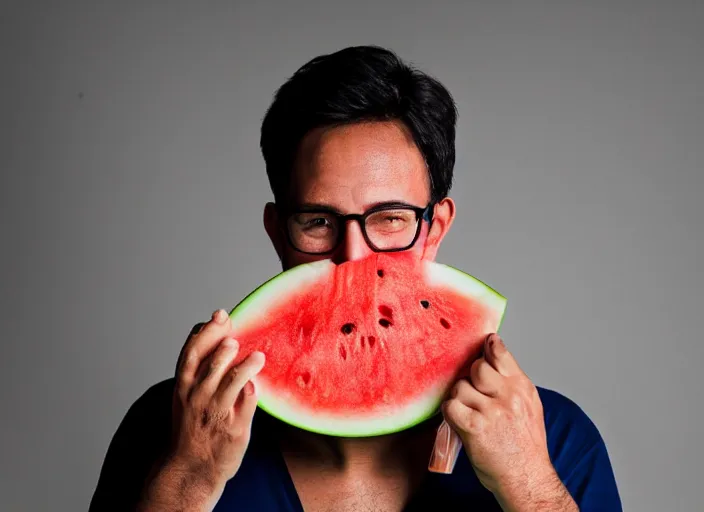 Image similar to photo still of a man with a watermelon for a head, 8 k, studio lighting bright ambient lighting key light, 8 5 mm f 1. 8