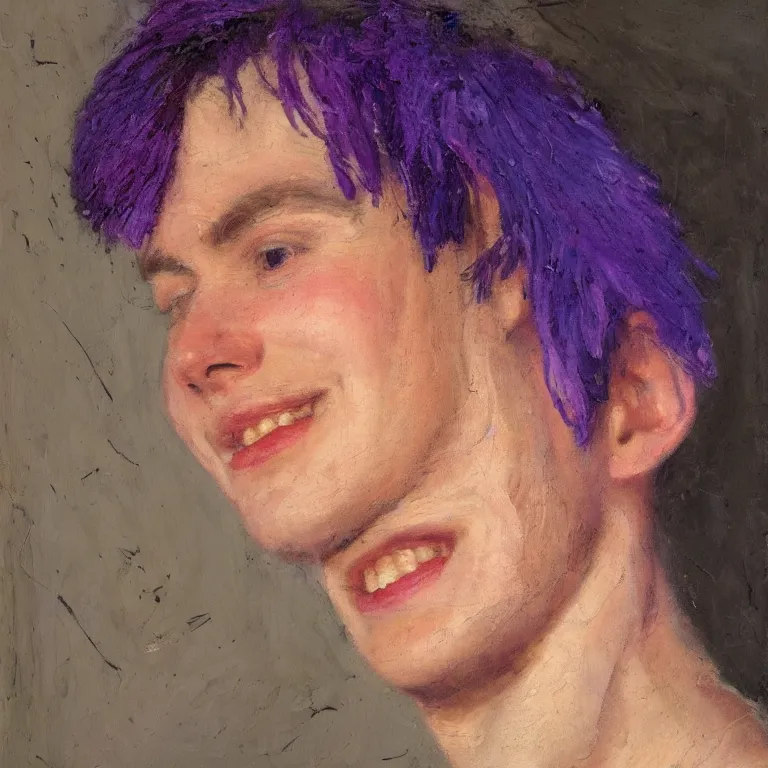 Image similar to Beautiful warmly lit close up studio portrait of a young androgynous!! Donald Trump age 23 smiling sweetly with purple hair, impasto oil painting heavy brushstrokes by Cy Twombly and Anselm Kiefer , trending on artstation dramatic lighting abstract Expressionism