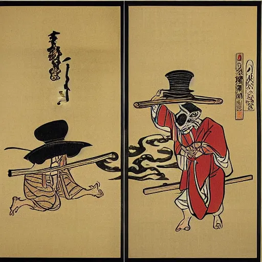 Prompt: ancient Japanese woodcut block print ukiyo-e plague doctor triptych