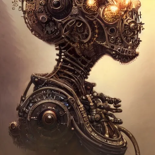 Image similar to low angle shot of a steampunk cyborg by clive barker, intricate, elegant, highly detailed, centered, digital painting, artstation, concept art, smooth, sharp focus, illustration, artgerm, Tomasz Alen Kopera, Peter Mohrbacher donato giancola, Joseph Christian Leyendecker, WLOP, Boris Vallejo.