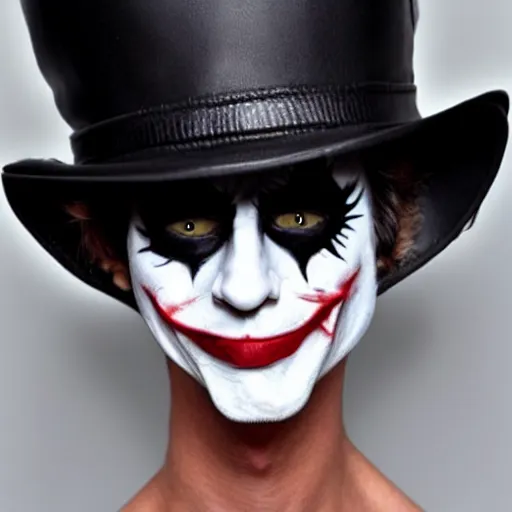 Prompt: a cat wearing a black leather hat in joker makeup, frontal view, cool looking