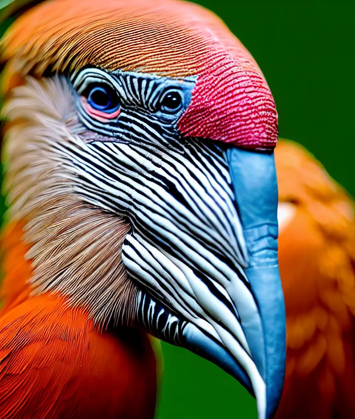 Prompt: a high resolution realistic close up photo portrait of a birdlike creature made of birds merged, rhino bower bird creature wrinkles pheasant, complex feathers exotic morphing kangaroo hoopoe, zebra morphing wings king vulture head