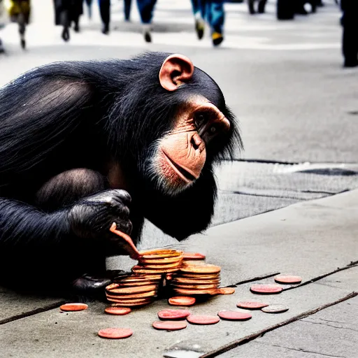 Image similar to a 5 0 mm photo of a chimpanzee picking up pennies on a street in manhattan, hyperrealistic