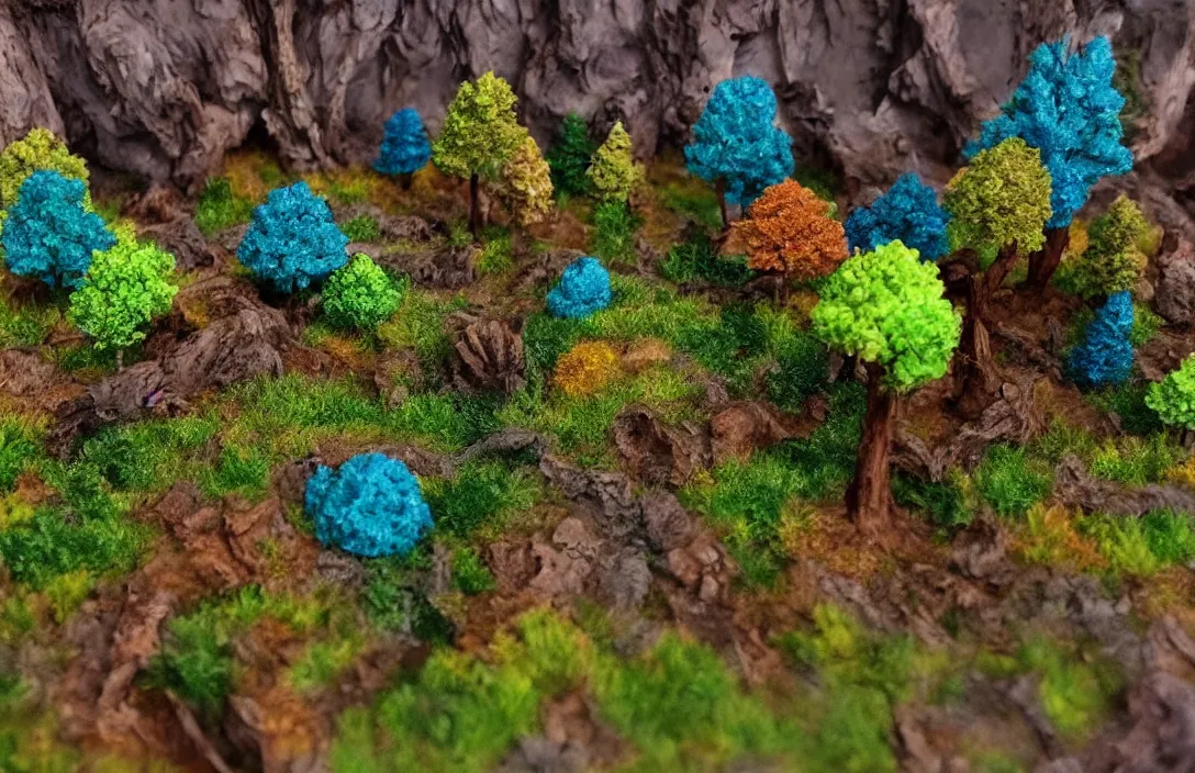 Prompt: fantasy terrain with unreal trees of different colours