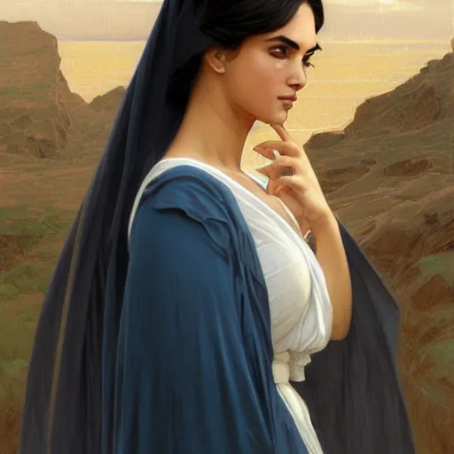 Image similar to greek Ameera al-Taweel, blue eyes, wavy black hair, white veil, highly detailed, digital painting, artstation, concept art, smooth, sharp focus, illustration, ArtStation, art by artgerm and greg rutkowski and alphonse mucha and J. C. Leyendecker and Edmund Blair Leighton and Katsuhiro Otomo and Geof Darrow and Phil hale and Ashley wood and Ilya repin and Charlie Bowater