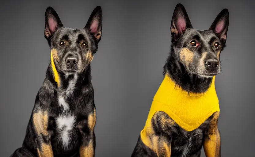 Image similar to studio photography of a dog sitting in front of a yellow background, detailed face, cinematic lighting, 8 k