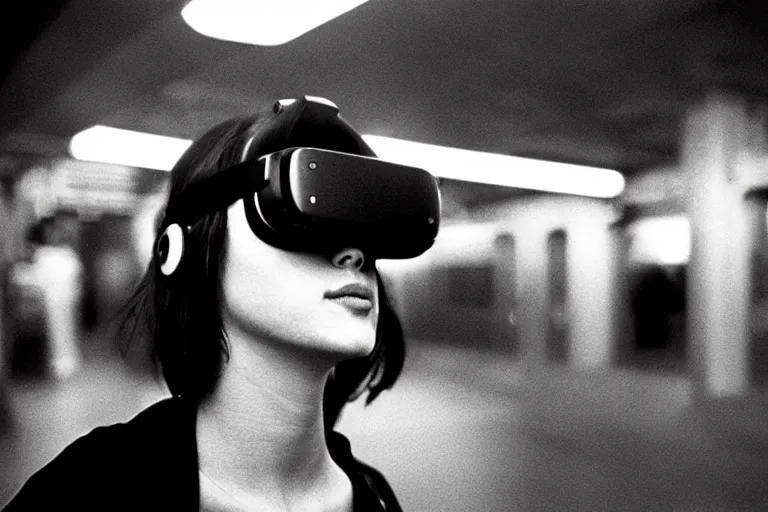 Image similar to girl in vr headset in a subway, richard avedon, tri - x pan, ominous lighting