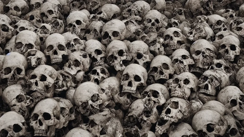 Prompt: a big pile of human skulls in a wasteland with vultures