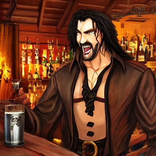 Image similar to Beautiful painting of Trevor Belmont from Castlevania, enjoying a pint of ale at a tavern, HDR, happily smiling at the camera, holding the pint of ale, sitting at the bar, warm lantern lighting.