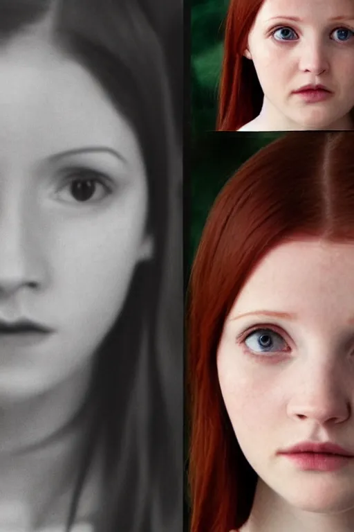 Image similar to ginny Weasley, symmetrical face two identical symmetrical eyes, feminine figure