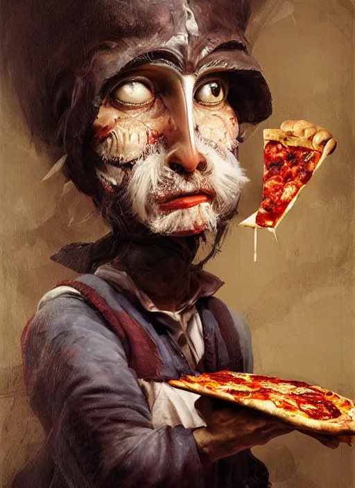 Prompt: portrait of a pulcinella like creature holding a pizza up to the camera, intricate painting by ross tran, magali villeneuve, and jeremy mann.