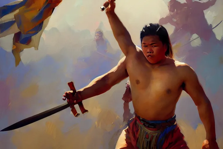 Image similar to greg manchess painting of a filipino wrestler with a sword, organic painting, sunny day, matte painting, bold shapes, hard edges, street art, trending on artstation, by huang guangjian, gil elvgren, ruan jia, randy vargas, greg rutkowski