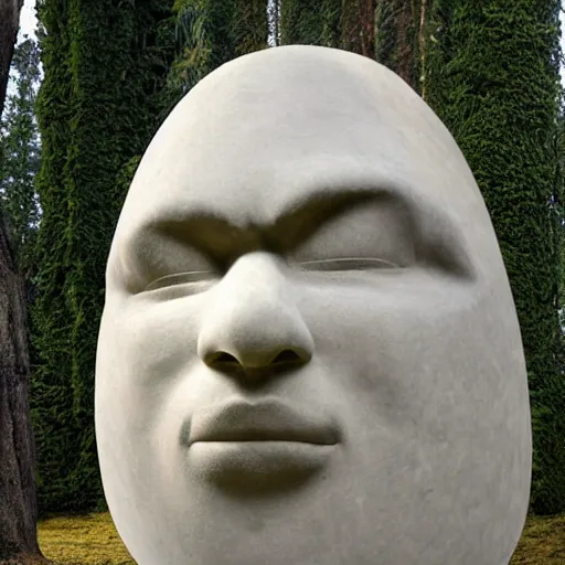 Prompt: by brothers grimm vaporwave. a art installation of a large granite boulder carved to resemble a human face. the nose is slightly upturned, & the eyes & mouth are closed.