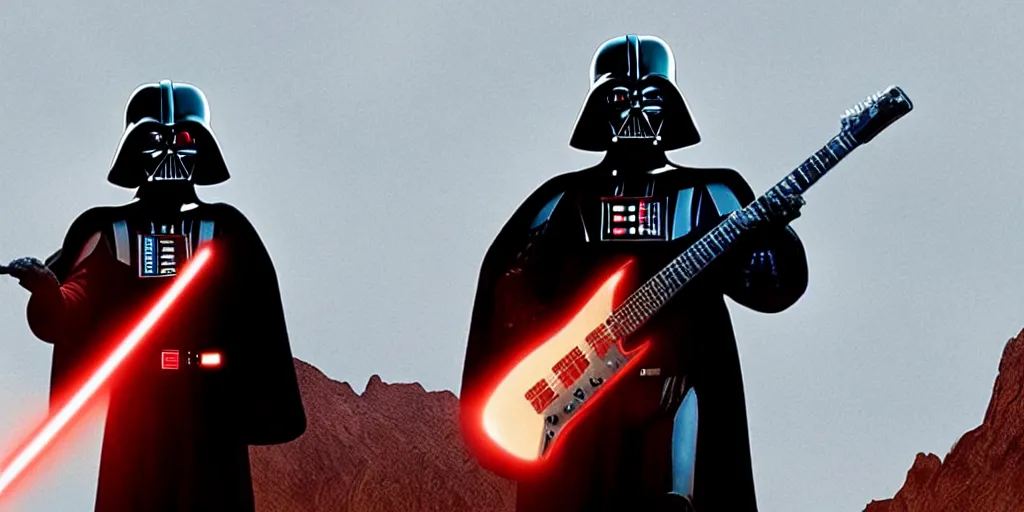 Prompt: Darth Vader playing electric guitar on top of mountain, 'Stranger Things'