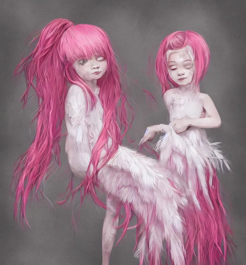 Image similar to little girl with eccentric pink hair wearing a dress made of white feather, anatomically perfect, art by dcwj,