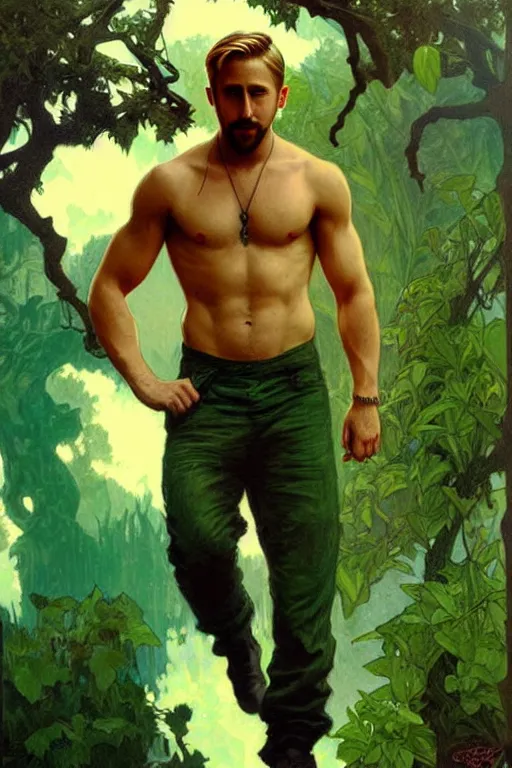 Prompt: Ryan Gosling wearing green clothes, muscular, fantasy, painting by greg rutkowski and alphonse mucha