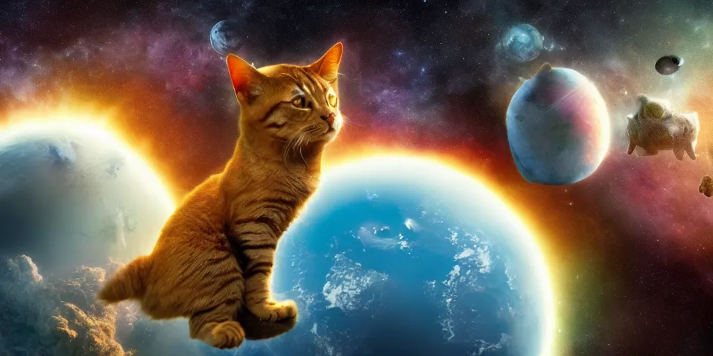 Image similar to a giant cat eating the earth planet, scifi, artstation, cosmos exploration, realistic photo, 4 k, photo by nasa, hubble telescope, cosmos