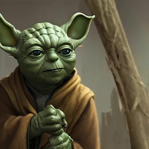 Image similar to yoda working out, au naturel, hyper detailed, digital art, trending in artstation, cinematic lighting, studio quality, smooth render, unreal engine 5 rendered, octane rendered, art style by klimt and nixeu and ian sprigger and wlop and krenz cushart