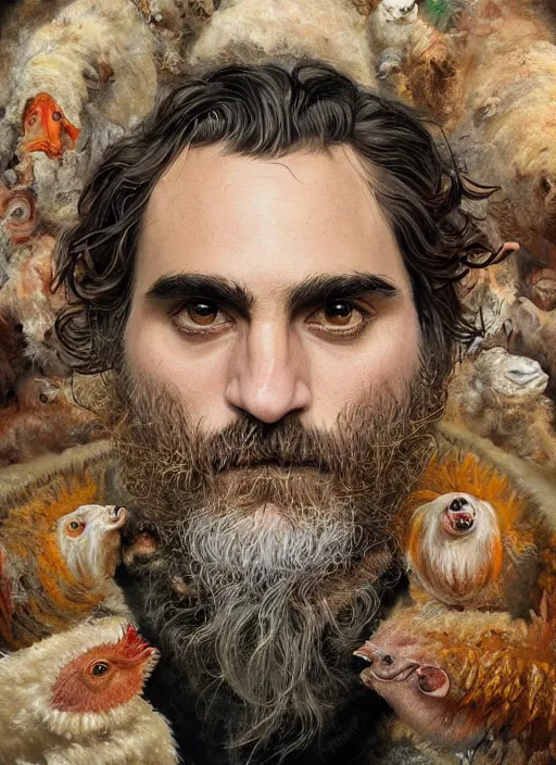 Image similar to a hyper detailed painting of joaquin phoenix surrounded by animals, cow horns, pig nose, sheep wool, chicken feather armor, horror, by anna podedworna, by miklos ligeti, by diego maricato, by taran fiddler, by antonino truisi, by chris reddie, by jinsung lim, trending on artstation