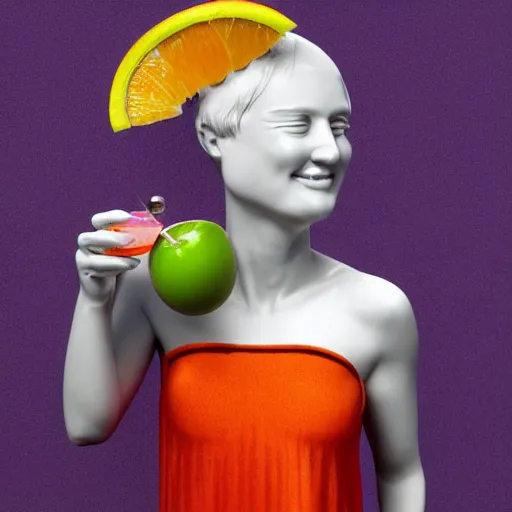 Image similar to close - up of a 3 d white marble human head holding a coctail, colorful coctail, digital illustration, 3 d render, above the waist