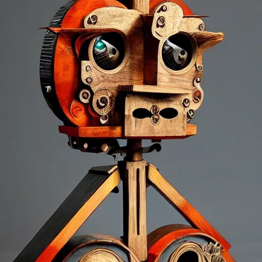 Image similar to A portrait of a complex wooden automaton with fire in its eyes, medievalpunk, clockworkpunk, detailed, orange