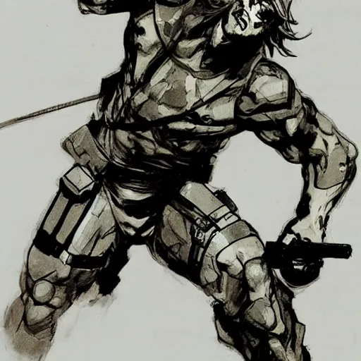 Image similar to solid snake fighting sam!!!!!! fisher!!!!!! by yoji shinkawa, concept art