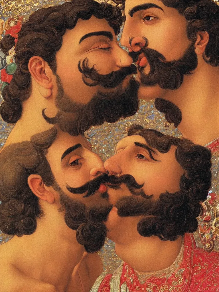 Prompt: close up portrait of 20 years old muscular persian iranian wrestlers handsome men with a mustache kiss by victor Nizovtsev and Botticelli