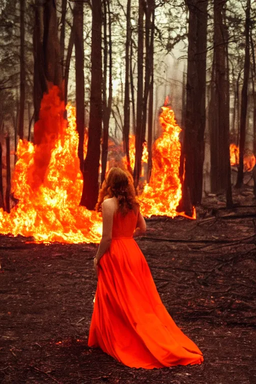 Image similar to the queen of fire wearing an orange and red beautiful dress walking on a burning forest, beautiful angle, aesthetic