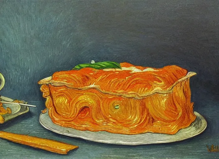 Image similar to detailed realistic realism painting of orange tabby cat fused combined with lasagna, at dusk, in the style of vincent van gogh and salvador dali and leonardo da vinci