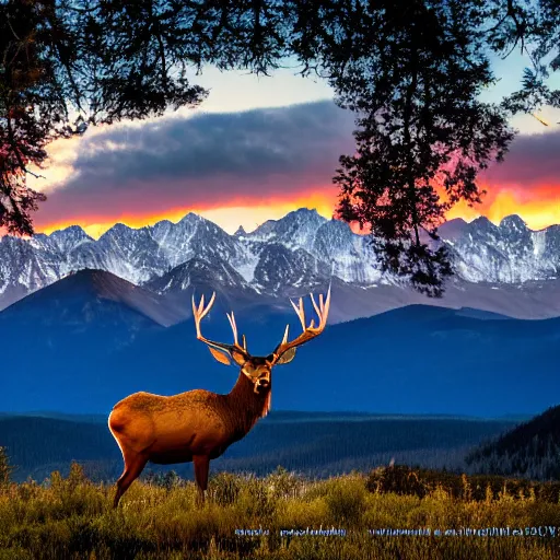 Image similar to statuesque elk in front of the Rocky Mountains at dawn, realistic, photograph, high quality, ultraHD, award winning, national geographic