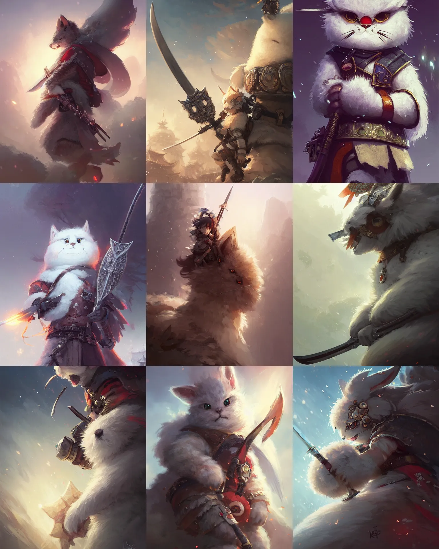 Prompt: whimsical fluffy guardian warrior of hiyabusa square, scarf, sword and shield, close up, details, sharp focus, elegant, highly detailed, illustration, by jordan grimmer greg rutkowski wlop maya takamura, intricate, trending artstation, pixiv, digital art