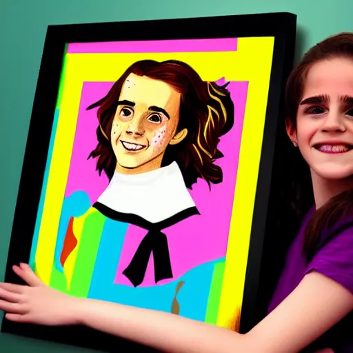 Image similar to rainbow smiling happy emma watson age 1 5 as hermione. pop art.