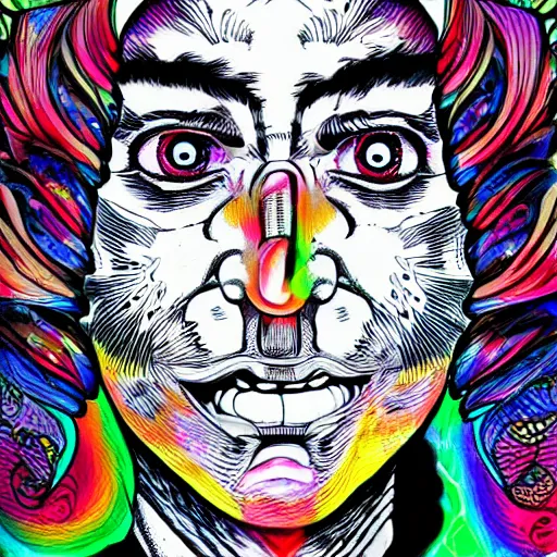 Prompt: a psychedelic godlike humanoid, hyper detailed, in the style of rutkowski and junji ito and bob ross and lisa frank, selfie