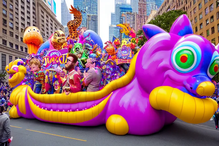 Image similar to photo of giant elaborate parade float designed by geoff darrow!!!! and ( ( ( ( ( ( lisa frank ) ) ) ) ) ), in the macys parade, detailed 4 k photo