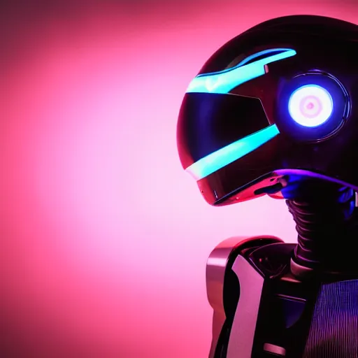 Image similar to photo of robot with 2 0 yo girl inside, leds visor helmet, profile pose, bust shot, high detail, studio, black background, smoke, sharp, cyberpunk, 8 5 mm sigma art lens