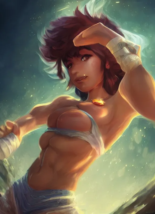 Image similar to taliyah, from league of legends, al natural, exhibant, boxing, in shape, hyper detailed, digital art, trending in artstation, cinematic lighting, studio quality, smooth render, unreal engine 5 rendered, octane rendered, art style by klimt and nixeu and ian sprigger and wlop and krenz cushart