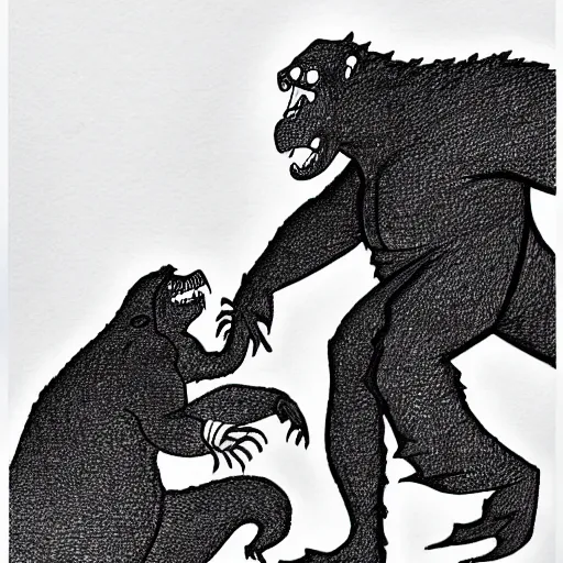 Image similar to A drawing of Godzilla fighting King Kong illustrated in the style of Shell Silverstein