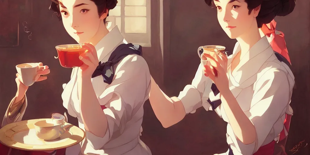 Prompt: attractive female drinking tea, in the style of studio ghibli, j. c. leyendecker, greg rutkowski, artgerm