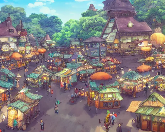 Image similar to busy fantasy village open square with some market stalls, studio ghibli style, hayao miyazaki, award winning photograph, highly detailed, artstation, hd wallpaper