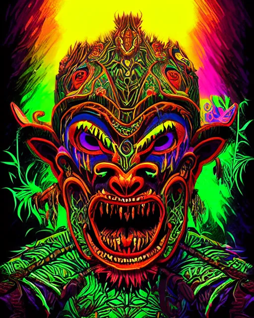 Prompt: barong family member, wiwek, mara demon, one single tribe member, jungle, one single mask, dark, ancient warrior, rich deep vivid colors, neon colors, inner glow, art by dan mumford and justin gerard