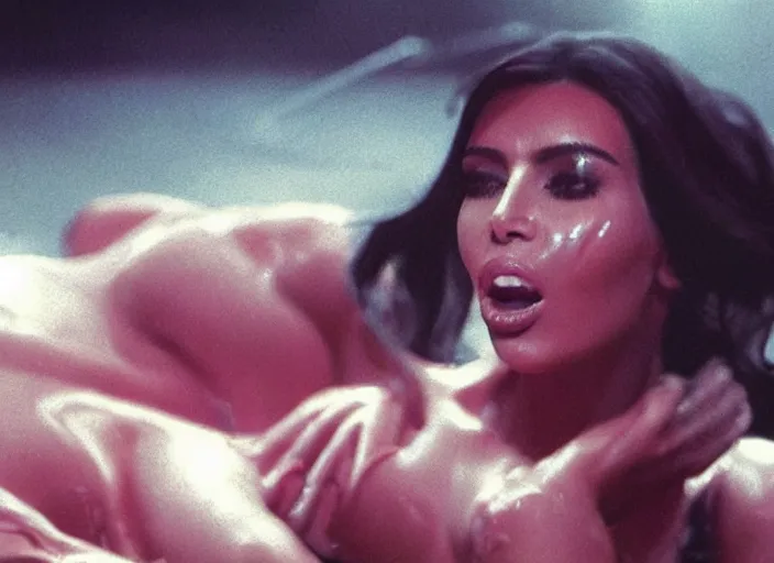 Prompt: film still of kim kardashian being ingested by an xenomorph, alien goo, transparent goo, transparent liquid, saliva, 8 k